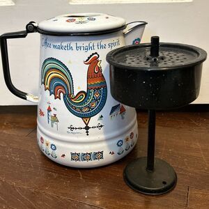 Vintage 1960's Berggern Swedish Floral Rooster Enamelware Coffee Tea Pot